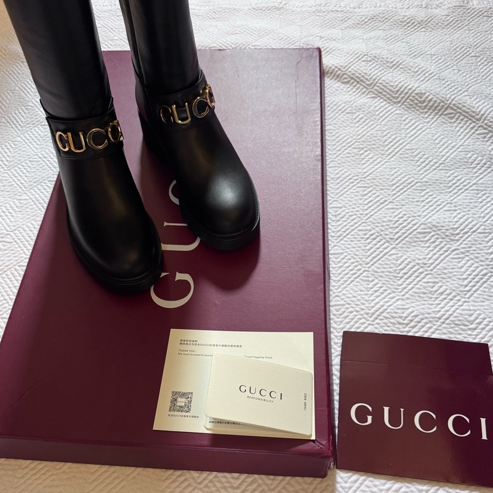 Gucci cowhide leather riding boots equestrian tall black leather boots 35